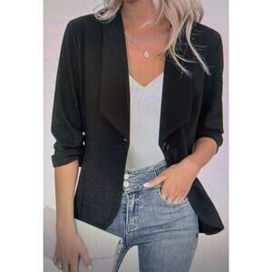 Beyove black blazer large jacket 3/4 gathered sleeve suit stretchy bohemian NWT